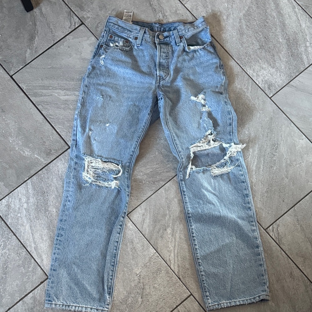 Levi's Light Blue Distressed Straight Jeans for Women
